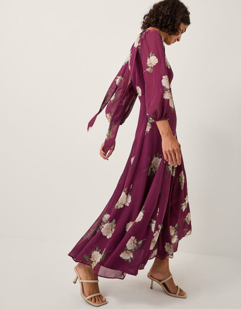 Amber Floral Print Midi Dress & Scarf, Red (BURGUNDY), large