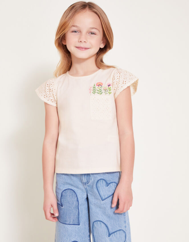 Floral Pocket Broderie T-Shirt, Ivory (IVORY), large