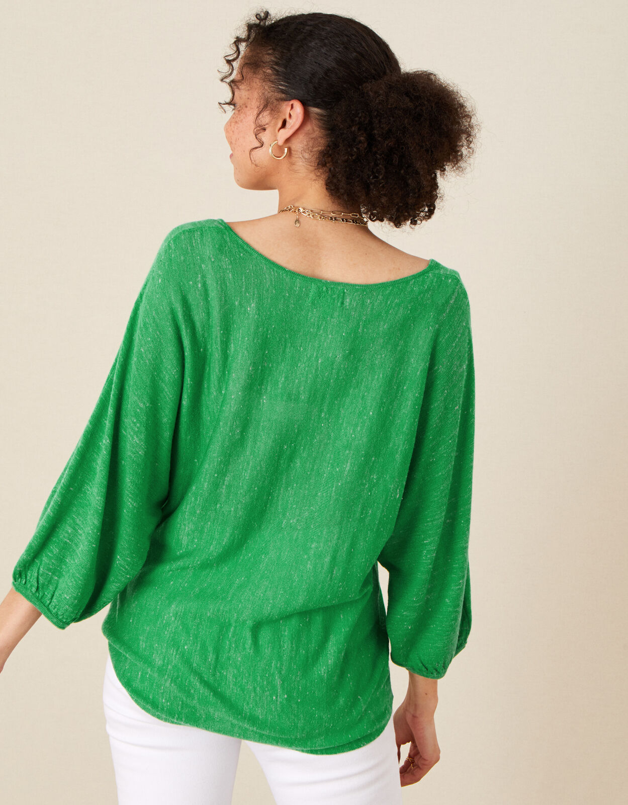 Ruched Jumper in Linen Blend Green