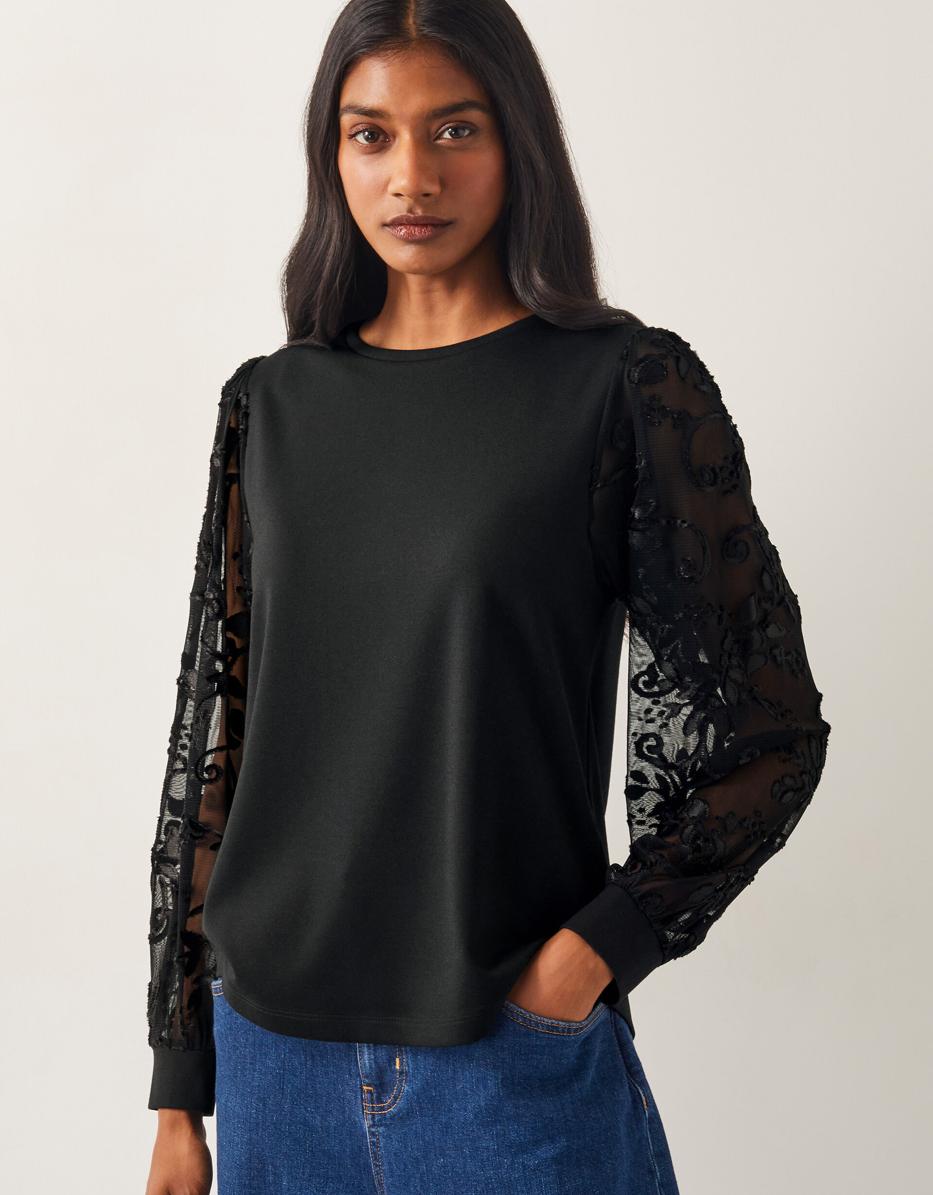 Immy Sheer Floral Sleeve Top Black Blouses Shirts Monsoon Global