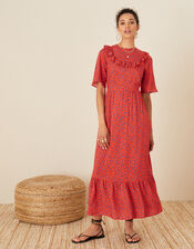 Rhian Frill Bib Printed Dress, Red (RED), large