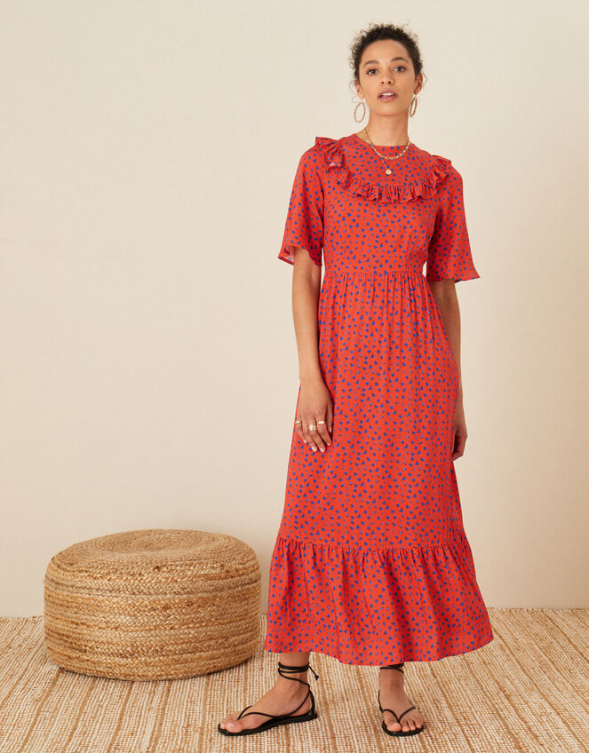 Rhian Frill Bib Printed Dress, Red (RED), large