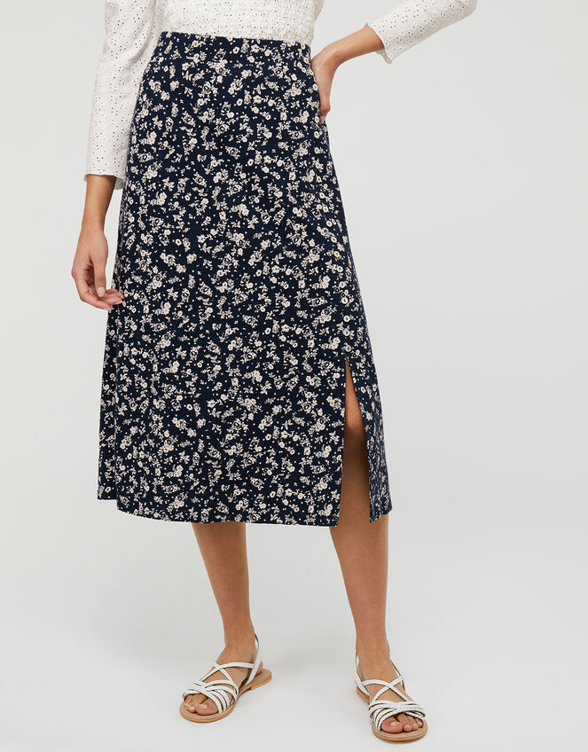 Natty Ditsy Floral Midi Skirt, Blue (NAVY), large