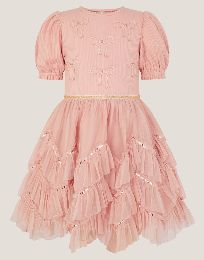 Bow Puff Sleeve Ruffle Dress, Pink (PINK), large