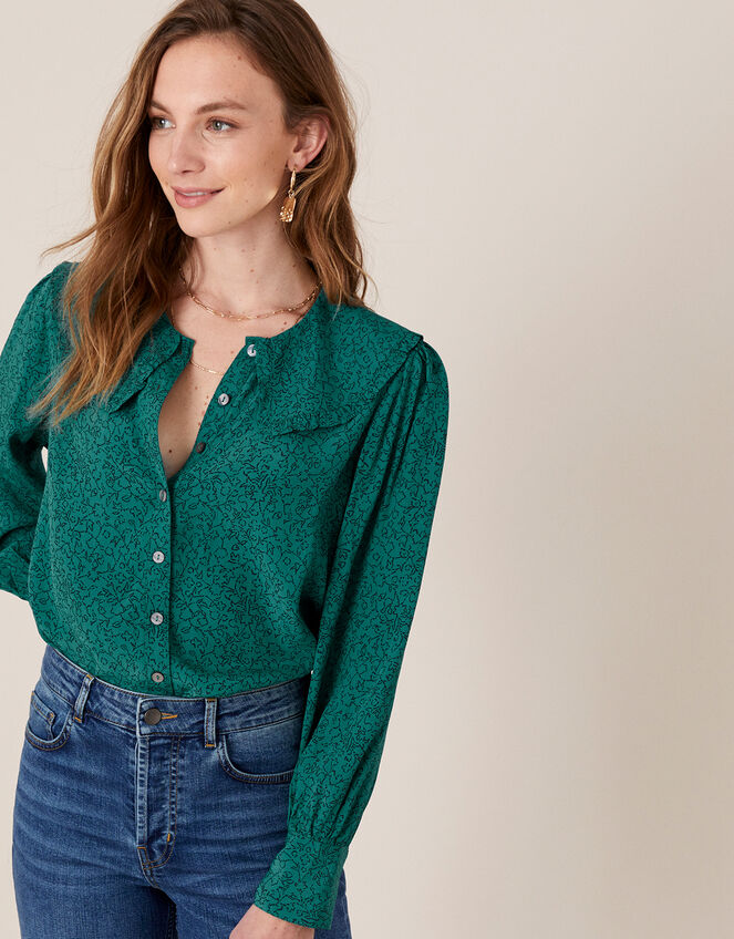 Printed Wide Collar Blouse, Green (GREEN), large