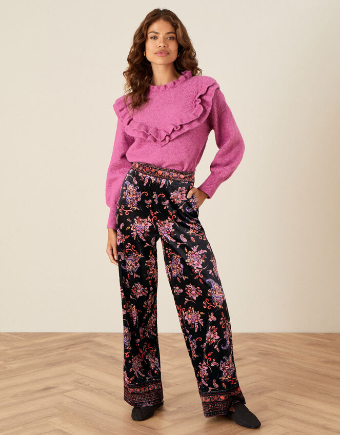 Paisley Print Velvet Trousers, Black (BLACK), large