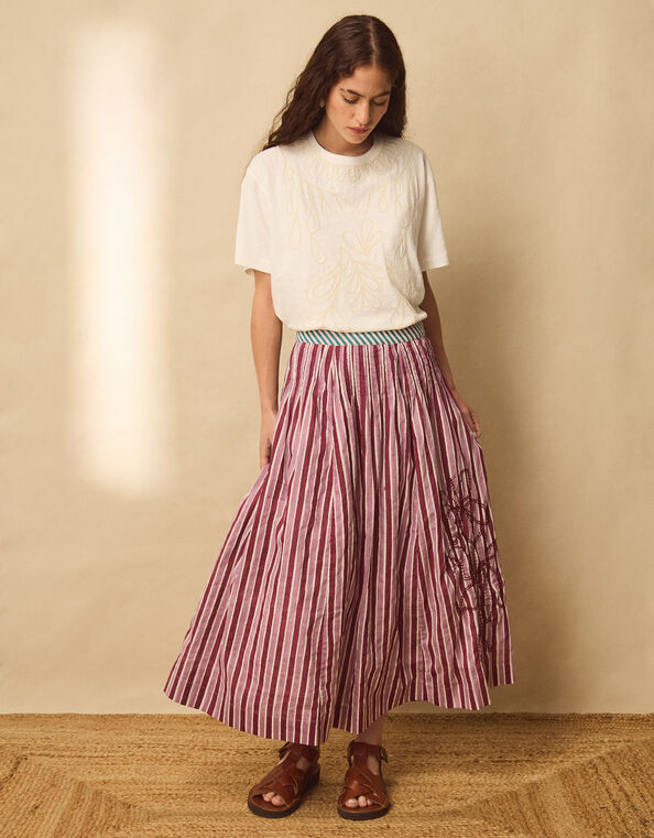 East Vika Hand-Woodblock Stripe Maxi Skirt, Red (BERRY), large