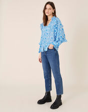 Ruffle Sleeve Floral Blouse, Blue (BLUE), large