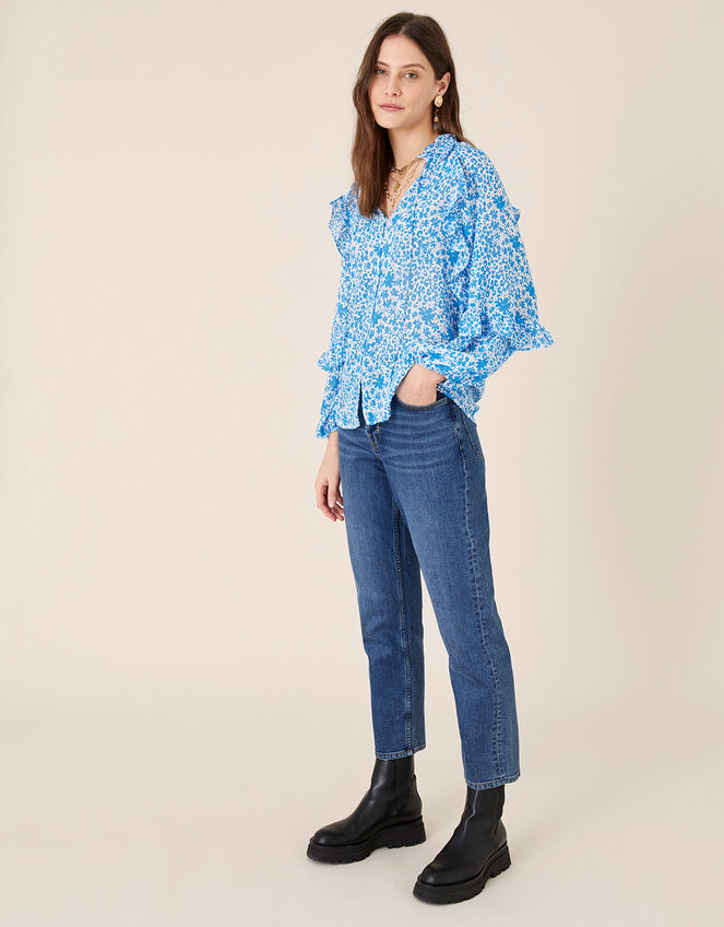 Ruffle Sleeve Floral Blouse, Blue (BLUE), large
