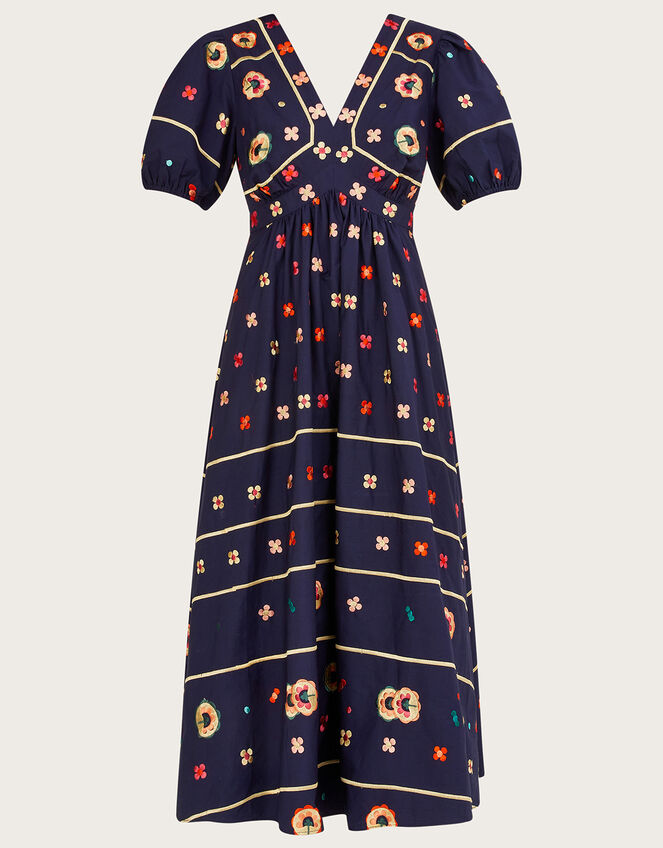 Ola Embroidered Midi Dress in Sustainable Cotton, Blue (NAVY), large