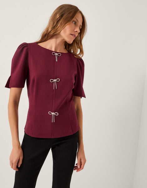 Brooke Diamanté Bow Ponte Top, Red (BURGUNDY), large