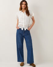 Lara Linen-Blend Short Sleeve Shirt, White (WHITE), large