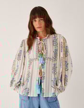 Elora Floral Stripe Tie Blouse, Ivory (IVORY), large