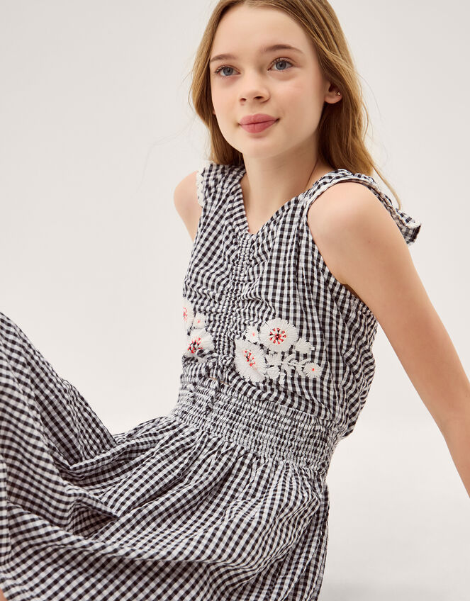 Floral Embroidered Gingham Cut-Out Dress, Black (BLACK), large