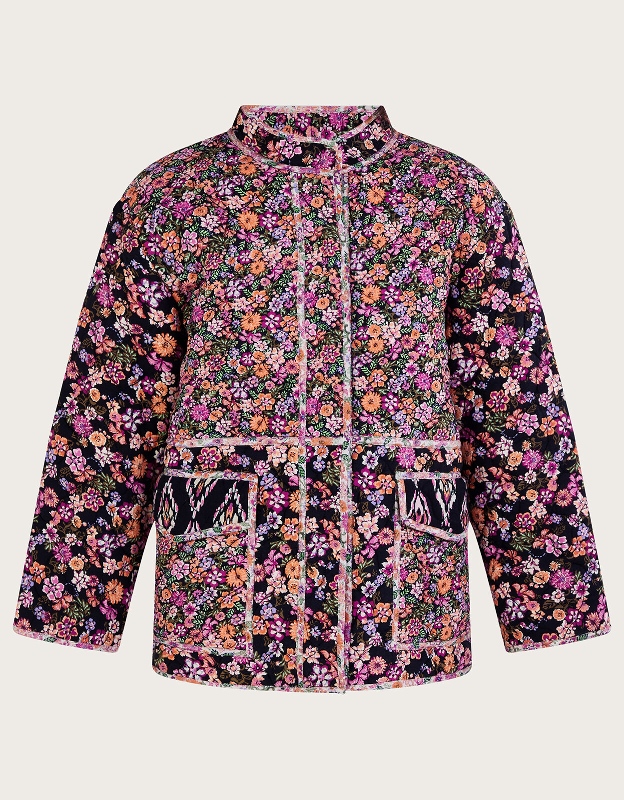 Ditsy Floral and Ikat Print Quilted Jacket in LENZING ECOVERO Orange