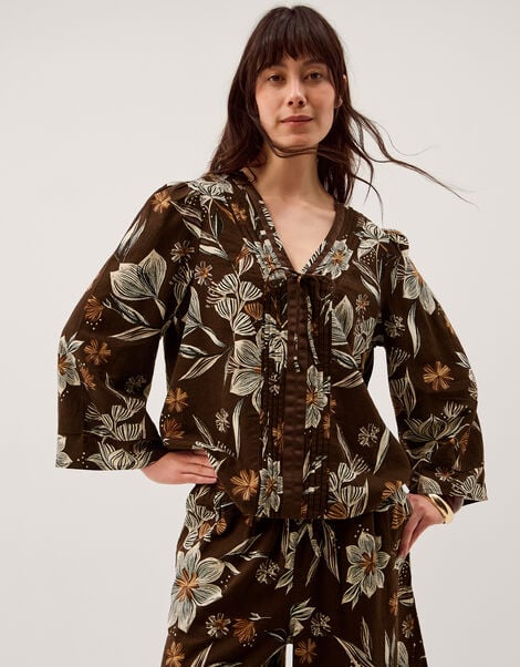 Esther Floral Linen Blend Top, Brown (CHOCOLATE), large