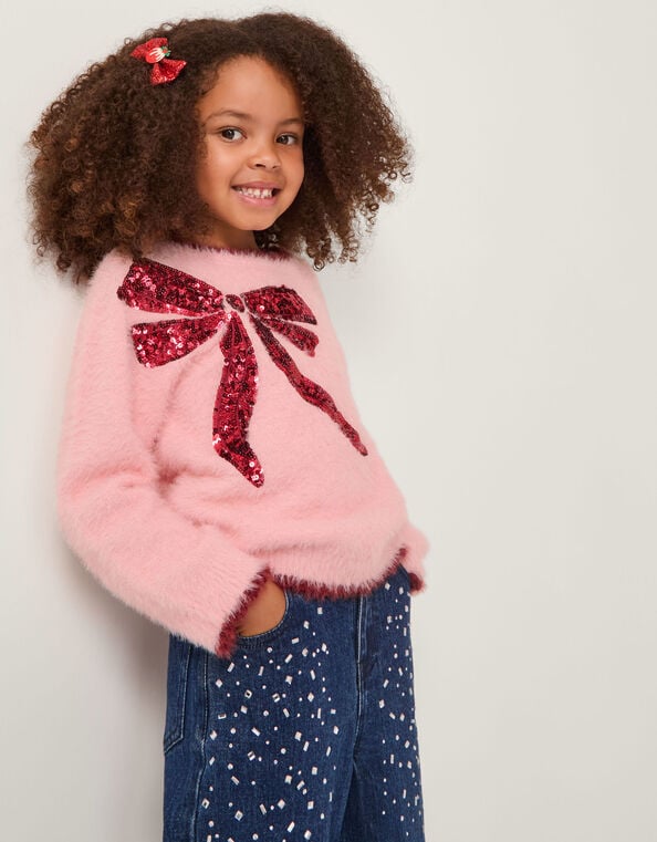 Sequin Bow Fuzzy Sweater, Pink (PINK), large