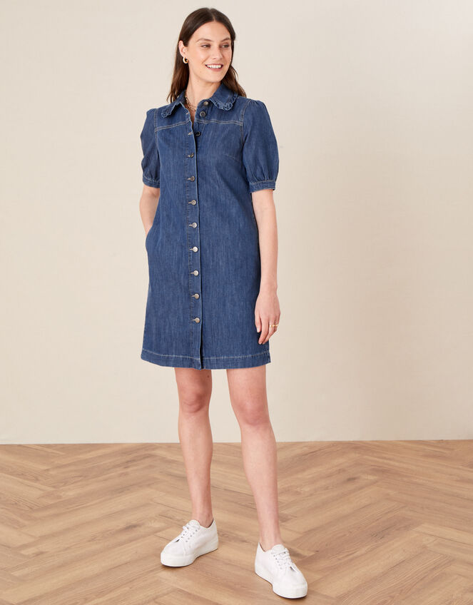 Ruffle Collar Denim Dress, Blue (DENIM BLUE), large