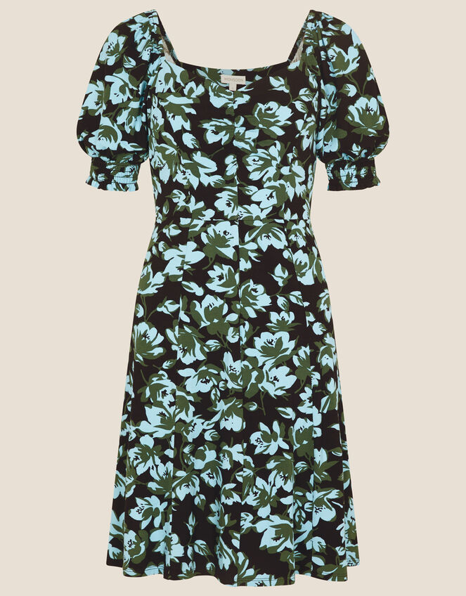 Floral Midi Short Sleeve Jersey Dress, Black (BLACK), large