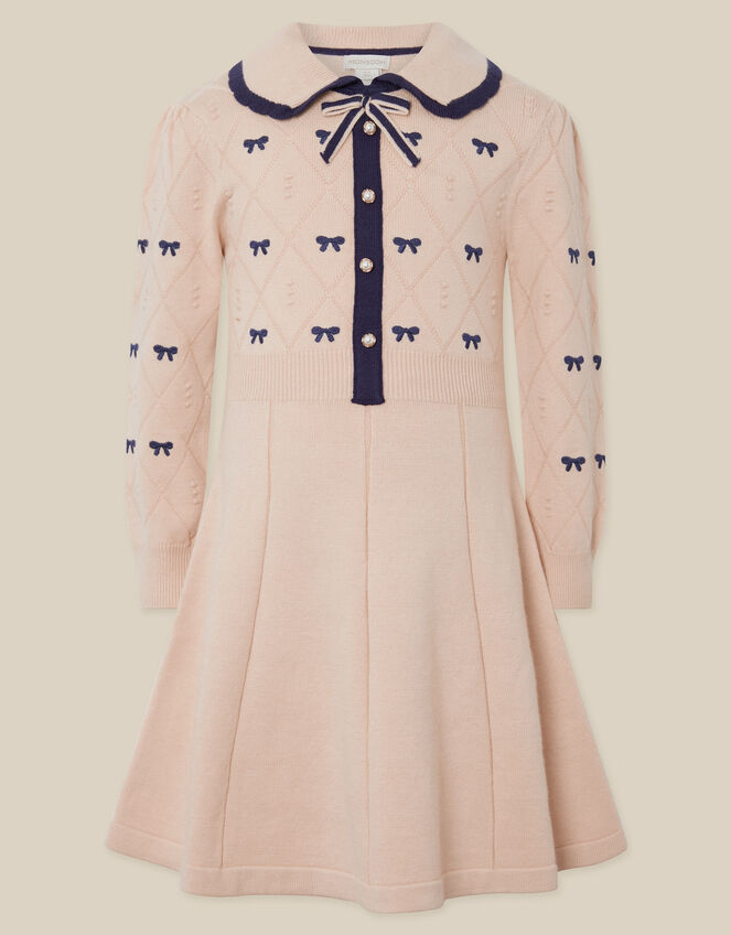 Bow Embroidered Collar Knitted Dress, Camel (OATMEAL), large