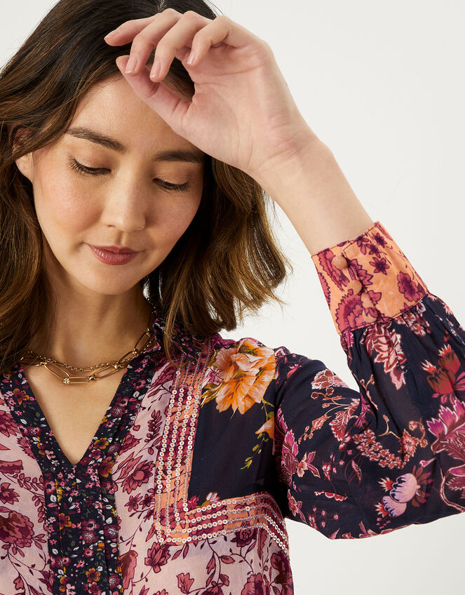 Patchwork Print Blouse in Sustainable Viscose, Black (BLACK), large