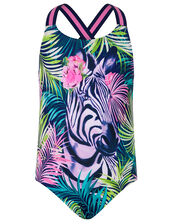 Zebra Palm Print Swimsuit , Blue (NAVY), large