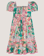 Floral Patchwork Shirred Dress, Green (GREEN), large