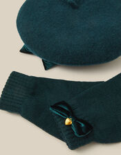 Velvet Bow Beret & Gloves Set, Green (GREEN), large