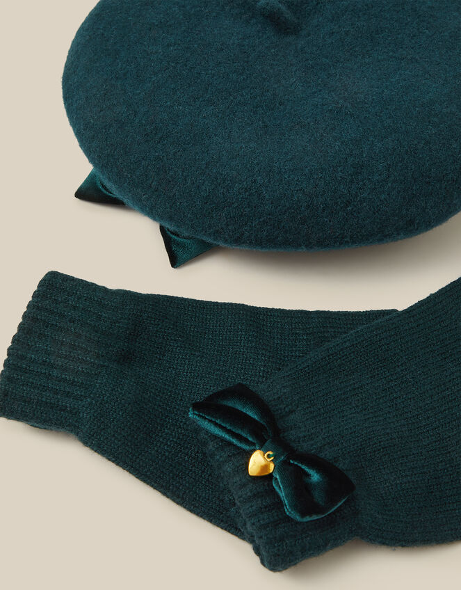 Velvet Bow Beret & Gloves Set, Green (GREEN), large