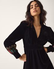 La Galeria Elefante Mexican Embroidered Velvet Midi Dress, Black (BLACK), large