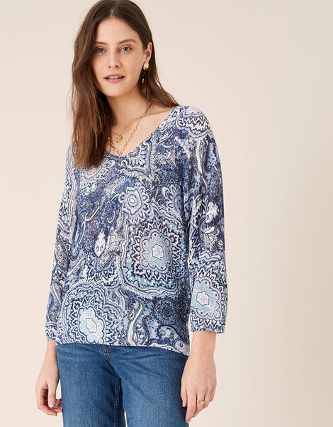 Paisley Print Jumper in Linen Blend Blue, Blue (NAVY), large