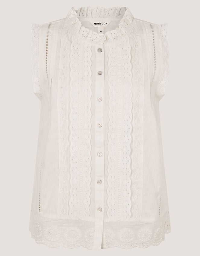 Trish Broderie Frill Sleeveless Top, Ivory (IVORY), large