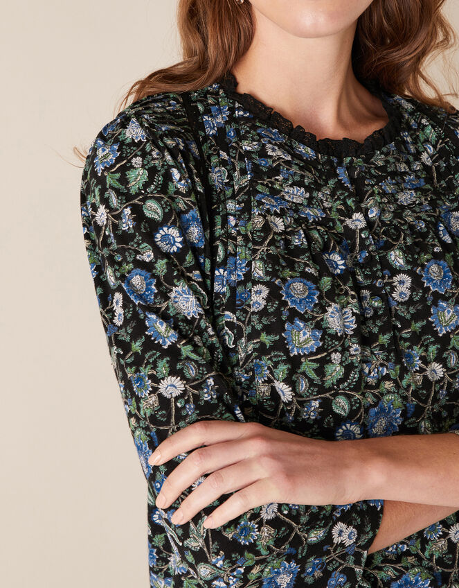 Floral Print Top with Organic Cotton, Black (BLACK), large