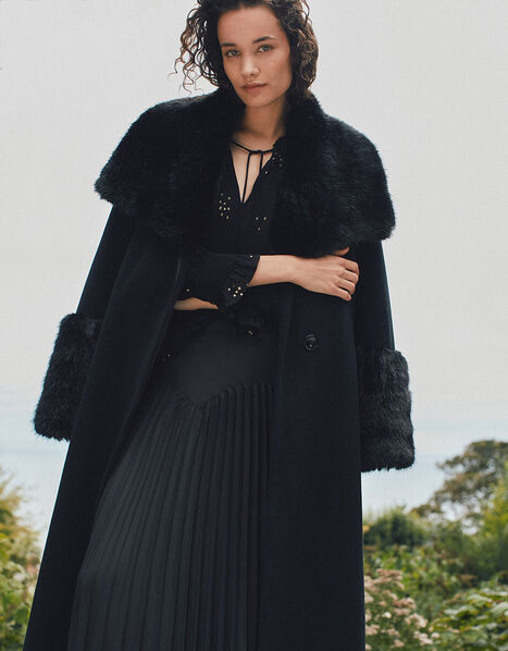 Sadie Faux Fur Trim Wrap Coat Black, Black (BLACK), large