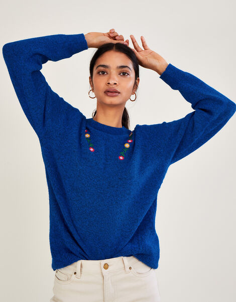 Floral Embroidered Jumper with Recycled Polyester Blue, Blue (BLUE), large