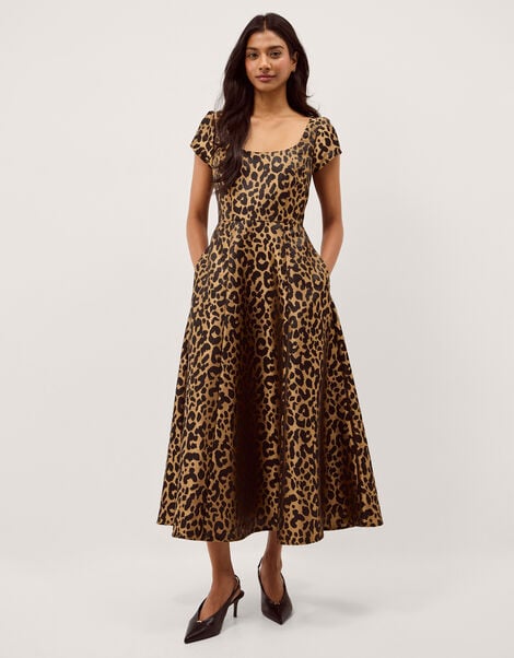 Anna Leopard Print Midi Dress, Camel (BEIGE), large