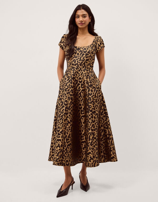 Anna Leopard Print Midi Dress, Camel (BEIGE), large