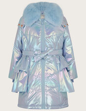 Metallic Skirted Padded Coat with Hood, Blue (PALE BLUE), large
