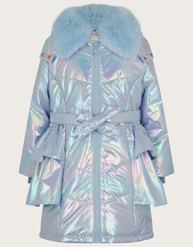 Metallic Skirted Padded Coat with Hood, Blue (PALE BLUE), large