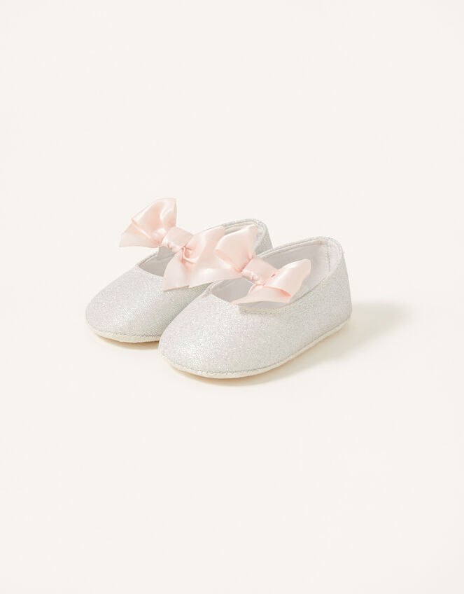 Satin Bow Shimmer Booties, Ivory (IVORY), large