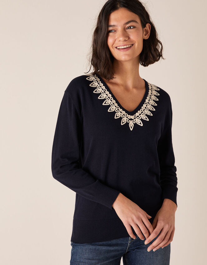 Cornelli Trim Dolman Sleeve Knit Jumper, Blue (NAVY), large