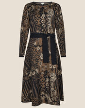 Mixed Print Jacquard Dress, Black (BLACK), large