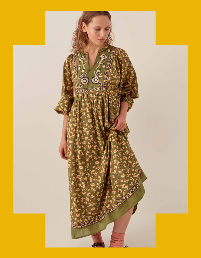 East Darney Embroidered Floral Midi Dress, Green (KHAKI), large