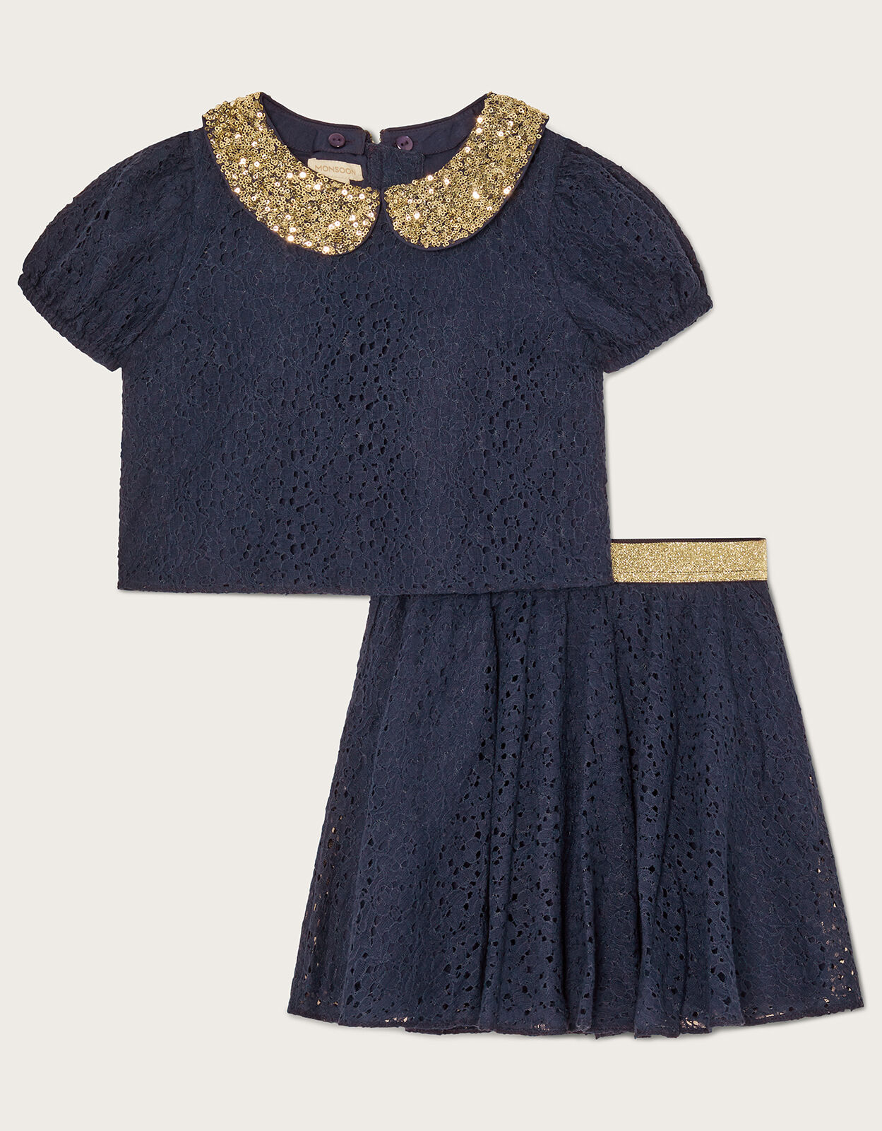 Skirt and Top Lace Set with Detachable Collar Blue