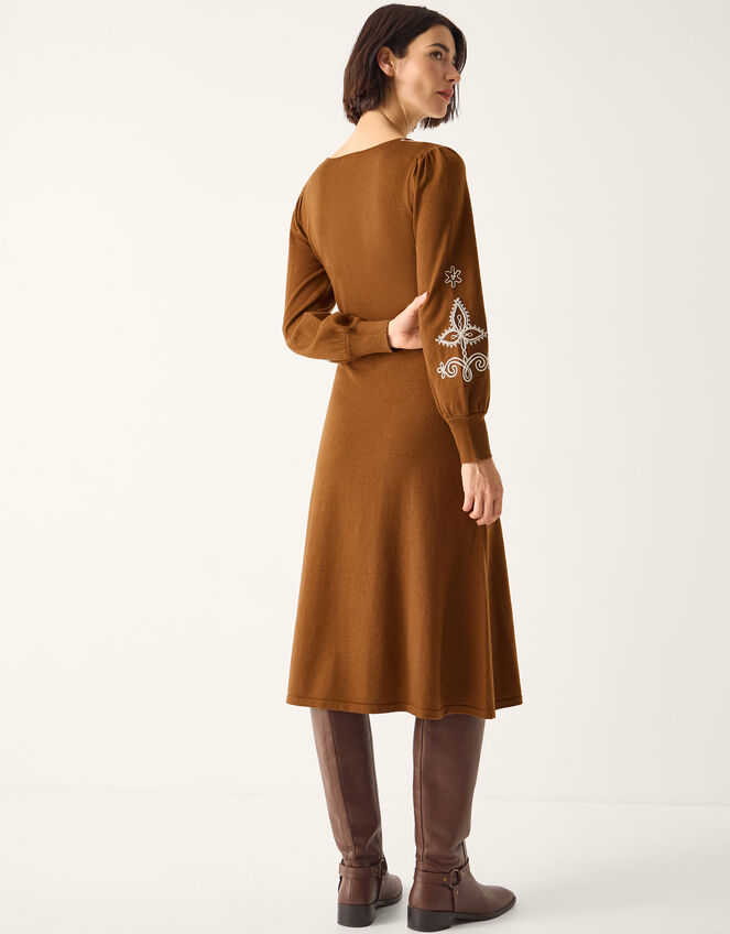 Cleo V-Neck Embroidered Knit Midi Dress, Orange (RUST), large