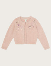 Fluffy Knit Embellished Cardigan, Pink (PALE PINK), large