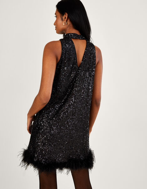 Aly Sequin Feather Trim Halter Dress Black, Black (BLACK), large