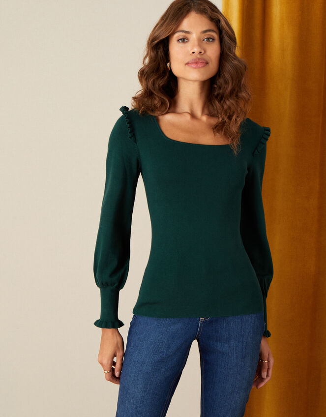 Square Neck Ruffle Jumper, Green (DARK GREEN), large