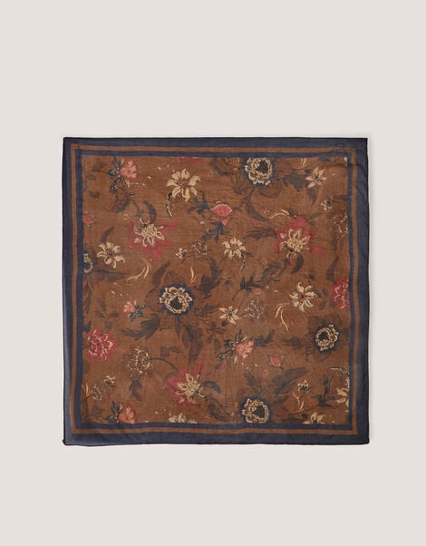 Princella Floral Square Silk Scarf, Brown (BROWN), large