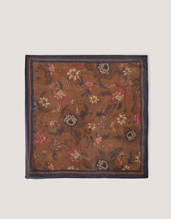 Princella Floral Square Silk Scarf, Brown (BROWN), large